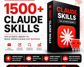 May include: A digital product bundle titled 1500+ CLAUDE SKILLS THE ULTIMATE BUNDLE. The black box features red text and a red icon with a white starburst. Includes icons for email copywriting, content creation, research, and growth strategy.