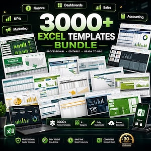 Peut inclure: Image d'un ensemble de plus de 3000 modèles Excel, avec le texte "3000+ Excel Templates Bundle". L'image présente divers graphiques et tableaux, avec des icônes pour la finance, les tableaux de bord, les ventes et le marketing. Le pack est professionnel, modifiable et prêt à l'emploi.