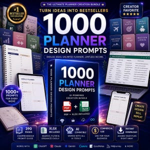 Puede incluir: Un paquete de productos digitales titulado 1000 Planner Design Prompts que presenta un gráfico de caja central, una computadora portátil con una base de datos, un teléfono inteligente con una vista mensual y varios modelos de cuadernos.
