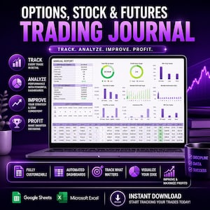 Könnte beinhalten: Ein digitales Trading-Journal für Google Sheets und Microsoft Excel auf einem Laptop-Bildschirm. Die Benutzeroberfläche zeigt einen Jahresbericht mit Leistungsübersichten, Gewinnfaktor-Zielen und verschiedenen Balkendiagrammen zur Handelsanalyse.