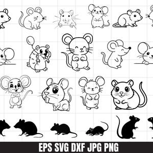 May include: A collection of black and white mouse illustrations in various poses. Some mice are standing, sitting, or holding objects. The image includes the text "EPS SVG DXF JPG PNG".