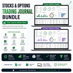 Puede incluir: Un paquete digital de diario de trading de acciones y opciones con dos pantallas de ordenador que muestran paneles de rendimiento, gráficos y registros de operaciones. El diseño incluye una lista de ocho plantillas de hojas de cálculo, guías de configuración e iconos de compatibilidad para Google Sheets y Microsoft Excel.