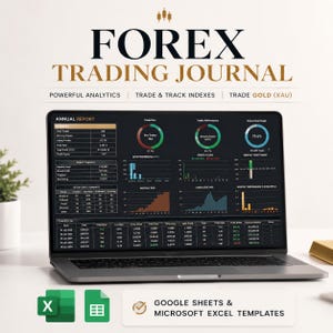 May include: A laptop displaying a Forex Trading Journal annual report with data charts, tables, and analytics. The screen shows trade logs, profit targets, and performance metrics. Below the laptop are icons for Microsoft Excel and Google Sheets.