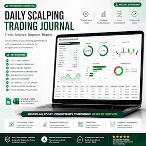 Peut inclure: Un ordinateur portable affiche un "Daily Scalping Trading Journal" avec des graphiques et des données. L'écran présente des fonctionnalités clés telles que l'entrée de transaction en 3 secondes, un calendrier intelligent automatique et des tableaux de bord de performance.