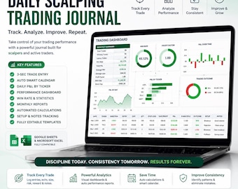 Tägliches Scalping-Trading-Tagebuch | Excel-, Google Sheets-Protokoll (Digitaler Download)