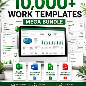 Puede incluir: Un paquete de productos digitales titulado 10,000+ WORK TEMPLATES MEGA BUNDLE que muestra un monitor de computadora con un panel de control, rodeado de varias plantillas de documentos como presupuestos, facturas y calendarios verdes.
