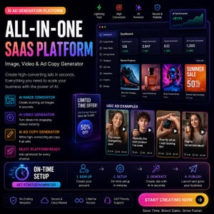 Op de afbeelding: Een digitale interface voor een alles-in-één SaaS-platform met een AI-generator voor afbeeldingen, video's en advertentieteksten. Het donkere dashboard toont projectanalyses, voorbeelden van UGC-advertenties en een stappenplan.