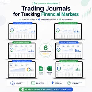 Può includere: Una presentazione di prodotto digitale con 6 potenti fogli di calcolo per diari di trading e monitoraggio dei mercati finanziari. L'immagine mostra schermi di portatili con dashboard per futures, opzioni, forex, cripto e azioni, con icone Google Sheets ed Excel.