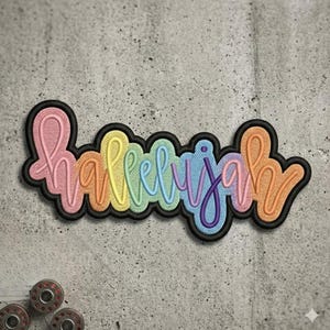 May include: A colorful embroidered patch with the name "Hallelijah" in a rainbow gradient. The patch has a black border and is set against a textured gray background. The letters are in a playful, cursive font.