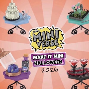 May include: MGA's Miniverse Make It Mini Halloween 2026 collection featuring four miniature sets on black stands: a skull cake with a dog figure, a graveyard scene, a purple potion under a glass dome, and two red drinks on a spiderweb tray.