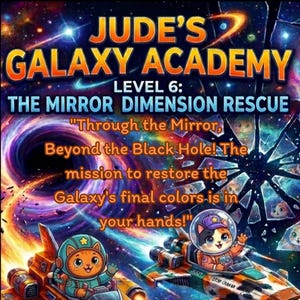 May include: A vibrant, illustrated poster for "Jude's Galaxy Academy Level 6: The Mirror Dimension Rescue." Features cartoon cats in spaceships, a swirling black hole, and text that reads "Through the Mirror, Beyond the Black Hole!" in a colorful space scene.