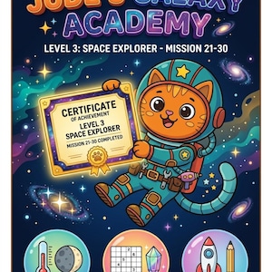 Puede incluir: Ilustración colorida para "Jude's Galaxy Academy" con un gato astronauta sosteniendo un certificado. La imagen incluye el texto: "Level 3: Space Explorer - Mission 21-30" e iconos de ciencia, lógica y dibujo espacial. Fondo azul oscuro.