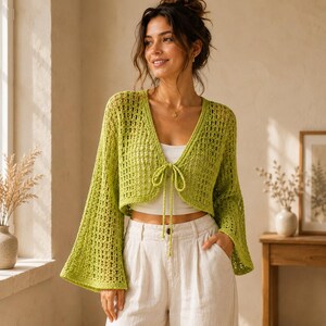 Crochet Shrug Pattern, Mesh Bell Sleeve Bolero, Tie Front Summer PDF