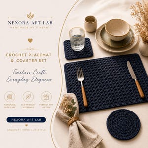 May include: A dark blue rectangular crochet placemat and a round crochet coaster set. The set includes a silver fork and knife with wooden handles, a beige napkin with a woven ring, a glass, and ceramic bowls. Text reads NEXORA ART LAB.