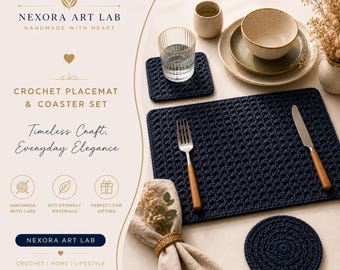 May include: A dark blue rectangular crochet placemat and a round crochet coaster set. The set includes a silver fork and knife with wooden handles, a beige napkin with a woven ring, a glass, and ceramic bowls. Text reads NEXORA ART LAB.