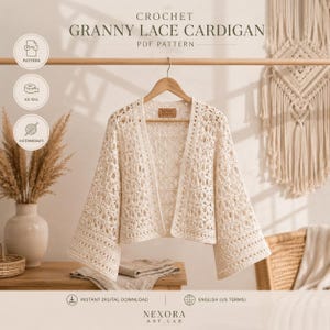 Boho Crochet Cardigan Pattern PDF | Floral Lace Bell Sleeve Cardigan | Summer Cover Up | Women's Crochet Sweater XS–5XL