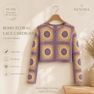 May include: A crochet cardigan featuring a square-based floral pattern in alternating shades of lavender and cream. The garment has long sleeves and a round neckline, displayed on a wooden hanger. Text includes Boho Floral Lace Cardigan.