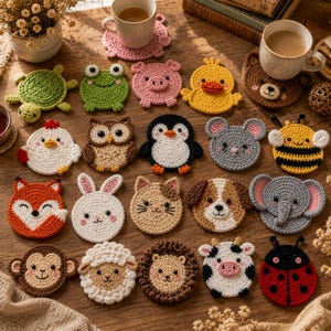 May include: A collection of twenty round, crocheted animal coasters featuring various designs including a turtle, frog, pig, duck, bear, chicken, owl, penguin, mouse, bee, fox, rabbit, cat, dog, elephant, monkey, sheep, lion, cow, and ladybug.