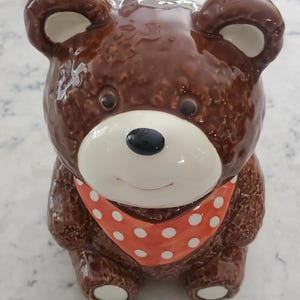 Vintage 1983 Otagiri Japan Bandana Teddy Bear Ceramic Honey Pot with Dipper