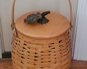 Vintage Longaberger Autumn October Fields Handled Basket Pumpkin Stem Topper on Wooden Lid