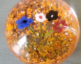 VTG LAMPWORK PAPERWEIGHT Art Glass 3" Intricate Flowers Blue White Black Red