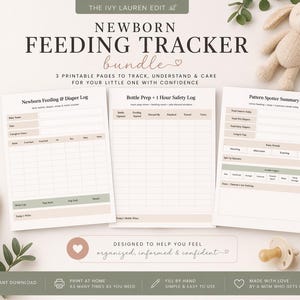 Può includere: Pacchetto di monitoraggio dell'alimentazione per neonati con tre pagine stampabili per monitorare poppate, pannolini, sonno e preparazione del biberon. Include un biberon, un ciuccio e un coniglietto di peluche. Il testo recita: "Progettato per aiutarti a sentirti organizzato, informato e sicuro."