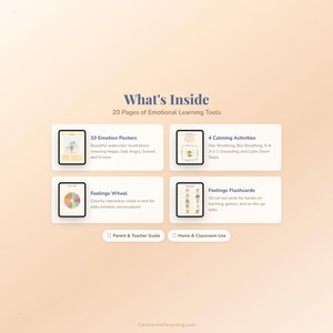 Puede incluir: Imagen que muestra herramientas de aprendizaje emocional. Incluye 10 carteles de emociones, 4 actividades calmantes, una rueda de sentimientos y tarjetas did&aacute;cticas. El texto dice "What's Inside" y "20 Pages of Emotional Learning Tools".