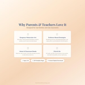 Puede incluir: Anuncio de un producto digital con el t&iacute;tulo &laquo;Por qu&eacute; les encanta a padres y profesores&raquo;. La imagen presenta cuatro cuadros blancos con texto que describe las caracter&iacute;sticas del producto, incluyendo arte en acuarela y estrategias basadas en la evidencia. El producto es para edades de 3 a 8 a&ntilde;os.