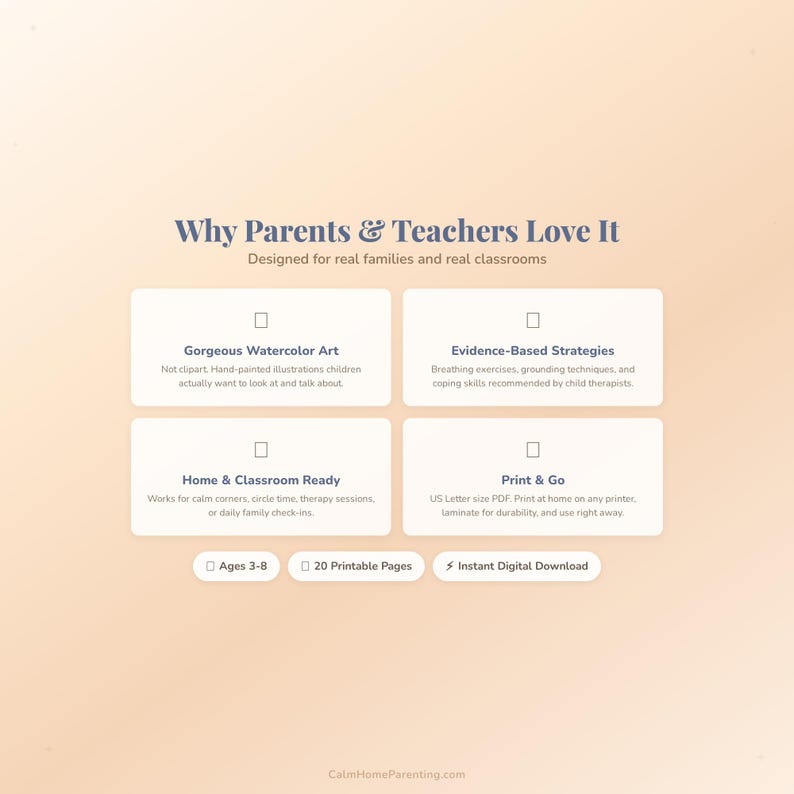 Puede incluir: Anuncio de un producto digital con el t&iacute;tulo &laquo;Por qu&eacute; les encanta a padres y profesores&raquo;. La imagen presenta cuatro cuadros blancos con texto que describe las caracter&iacute;sticas del producto, incluyendo arte en acuarela y estrategias basadas en la evidencia. El producto es para edades de 3 a 8 a&ntilde;os.