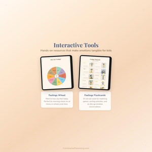 Puede incluir: Dos tabletas digitales que muestran herramientas interactivas para ni&ntilde;os. Una muestra una colorida rueda de sentimientos, la otra tarjetas de sentimientos. El texto dice "Interactive Tools" y "Hands-on resources that make emotions tangible for kids."