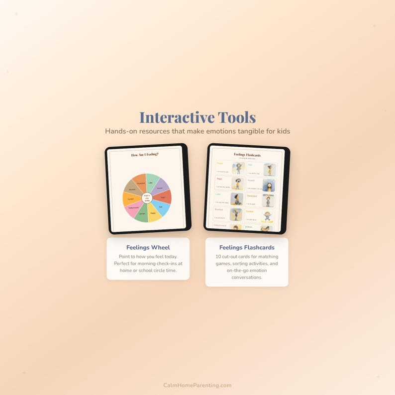 Puede incluir: Dos tabletas digitales que muestran herramientas interactivas para ni&ntilde;os. Una muestra una colorida rueda de sentimientos, la otra tarjetas de sentimientos. El texto dice "Interactive Tools" y "Hands-on resources that make emotions tangible for kids."