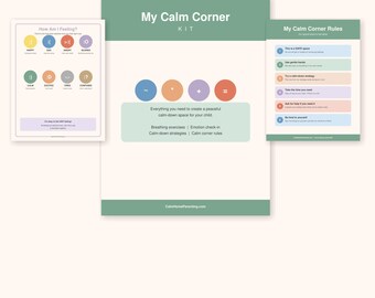 Kit de rincón de la calma para niños con TDAH, tarjetas de respiración imprimibles, tablas de emociones, tarjetas de estrategias de regulación para familias neurodivergentes.