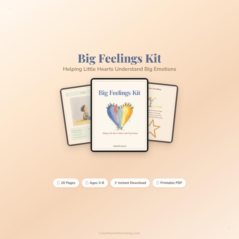 Puede incluir: Un "Big Feelings Kit" digital con el t&iacute;tulo en la portada. La portada presenta un dise&ntilde;o en forma de coraz&oacute;n en azul, amarillo y rojo. El kit est&aacute; dise&ntilde;ado para ayudar a los ni&ntilde;os a comprender las emociones grandes. El kit incluye 20 p&aacute;ginas y es para edades de 3 a 8 a&ntilde;os.