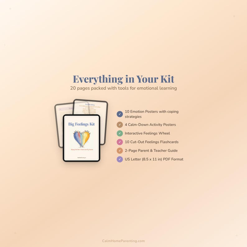 Puede incluir: Un kit digital titulado "Everything in Your Kit" con herramientas para el aprendizaje emocional. El kit incluye 10 carteles de emociones, carteles de actividades, una rueda de sentimientos, tarjetas y una gu&iacute;a para padres. El kit est&aacute; en formato US Letter (21,6 x 27,9 cm) PDF.