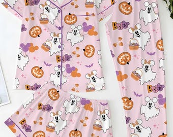 Pumpkin Boo Satin Pajamas Set, Silky Spooky Season Sleepwear, Cute Witchy Ghost Short Sleeve Loungewear Cozy Gift Set, Spirit Halloween Pjs