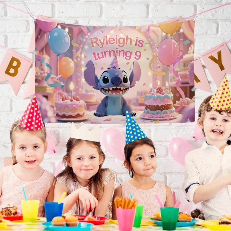 Sfondo personalizzato per il compleanno di Stitch, decorazione per lo sfondo, decorazioni per feste a tema cartoni animati, regalo Lilo immagine 2