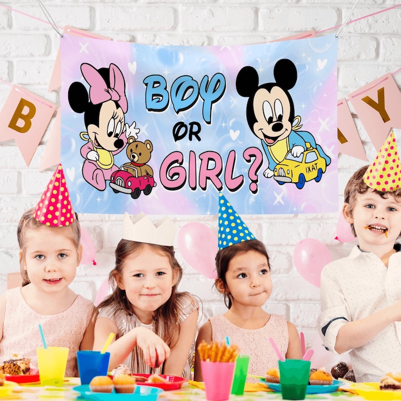 May include: A rectangular party banner featuring a light blue and pink gradient background with white sparkles. The text reads BOY OR GIRL? in blue and pink letters. Minnie Mouse and Mickey Mouse are illustrated on the left and right sides.