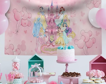 Personalized Disney Princess Birthday Backdrop, Custom Name Age Royal Celebration Banner Decor