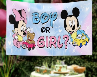 Custom Mickey Minnie Mouse Gender Reveal Banner Backdrop, Personalised Baby Name Banner, Team Boy Or Girl Gender Reveal Banner Baby Shower