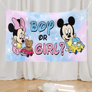 May include: A rectangular fabric banner featuring a pastel pink and blue background with white bubbles and hearts. The text reads Boy or Girl? in blue and pink. Minnie Mouse sits with a teddy bear in a pink car, and Mickey Mouse plays with a yellow car.