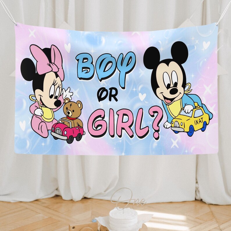 May include: A rectangular fabric banner featuring a pastel pink and blue background with white bubbles and hearts. The text reads Boy or Girl? in blue and pink. Minnie Mouse sits with a teddy bear in a pink car, and Mickey Mouse plays with a yellow car.