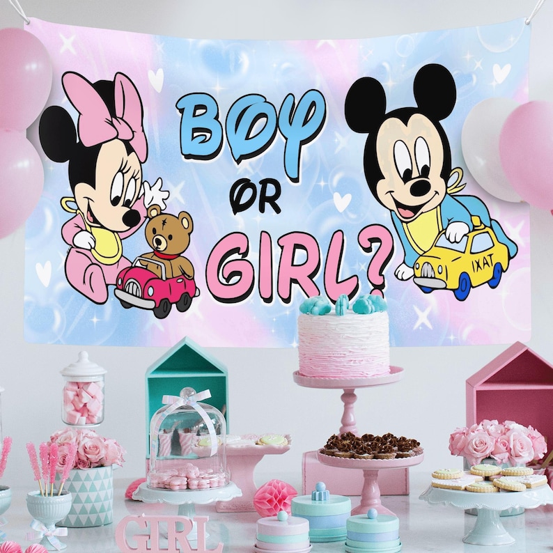 May include: A gender reveal party backdrop featuring Minnie Mouse and Mickey Mouse illustrations with the text Boy or Girl? The background is a light blue and pink gradient with bubbles and stars, accented by pink and white balloons on the sides.
