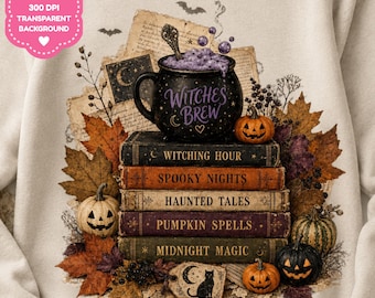 Heksenbrouwsel PNG, Boekachtig Halloween sublimatieontwerp, Spookachtige boekenstapel met pompoenen, Vintage heksenachtige herfst digitale download