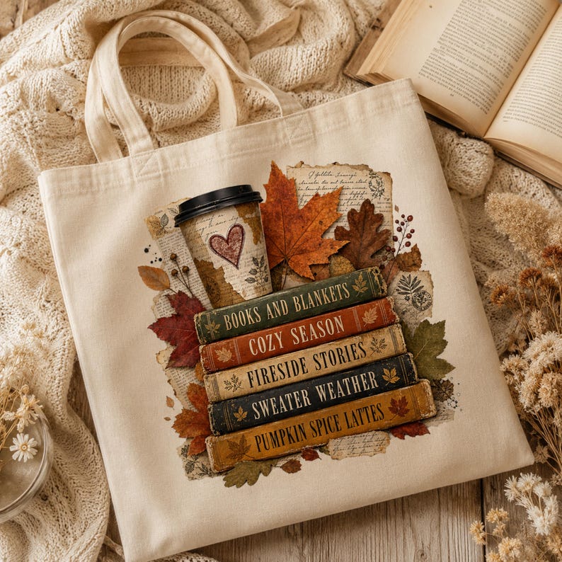 Natural canvas tote bag with autumn book stack design featuring books and blankets, cozy season, fireside stories, coffee and colorful fall leaves.