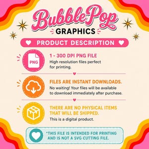 A graphic with pink and yellow wavy stripes explains product details: a 300 DPI PNG file, instant downloads, no physical items shipped, and not a SVG cutting file.