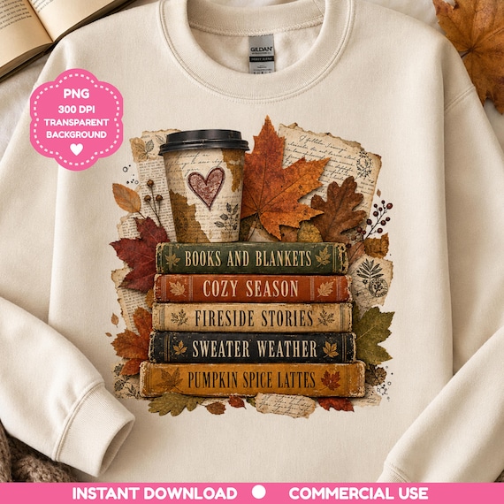 Fall Book Lover PNG, Cozy Autumn Books and Coffee Sublimation Design, Pumpkin Spice Latte PNG, Vintage Book Stack Digital Download