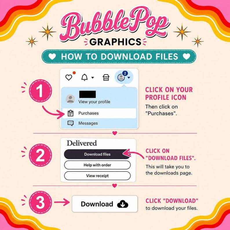 A graphic with pink and yellow wavy stripes shows three steps on how to download files from a profile icon, a purchases page, and a download button.