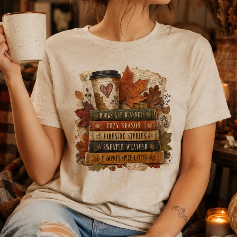 Woman wearing a cream fall book lover shirt featuring autumn leaves, stacked books, coffee cup, cozy season and pumpkin spice latte design.