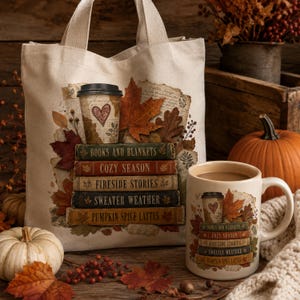 Autumn book lover design printed on a natural canvas tote bag and cream coffee mug with stacked books, coffee cup, fall leaves and cozy sayings.
