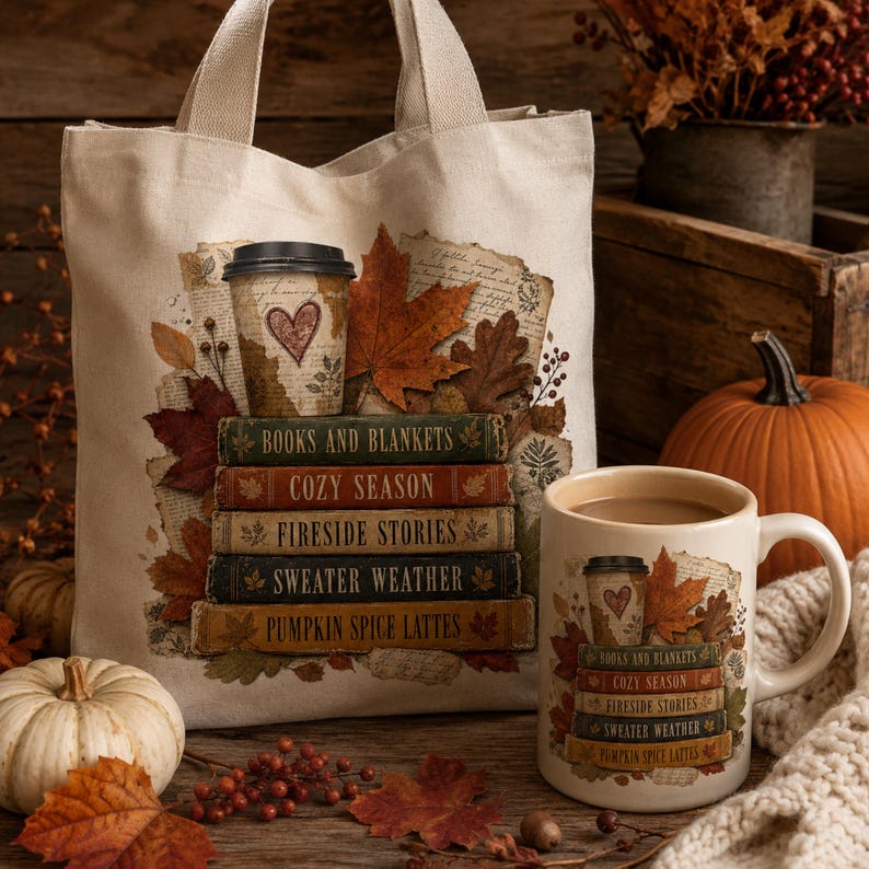 Autumn book lover design printed on a natural canvas tote bag and cream coffee mug with stacked books, coffee cup, fall leaves and cozy sayings.